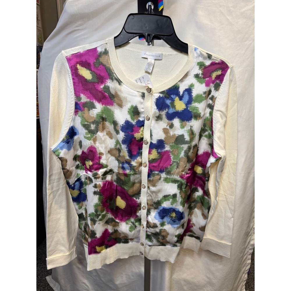 266 Charter Club Womens Floral Mixed Media Cardigan Cream Multi Button Front M